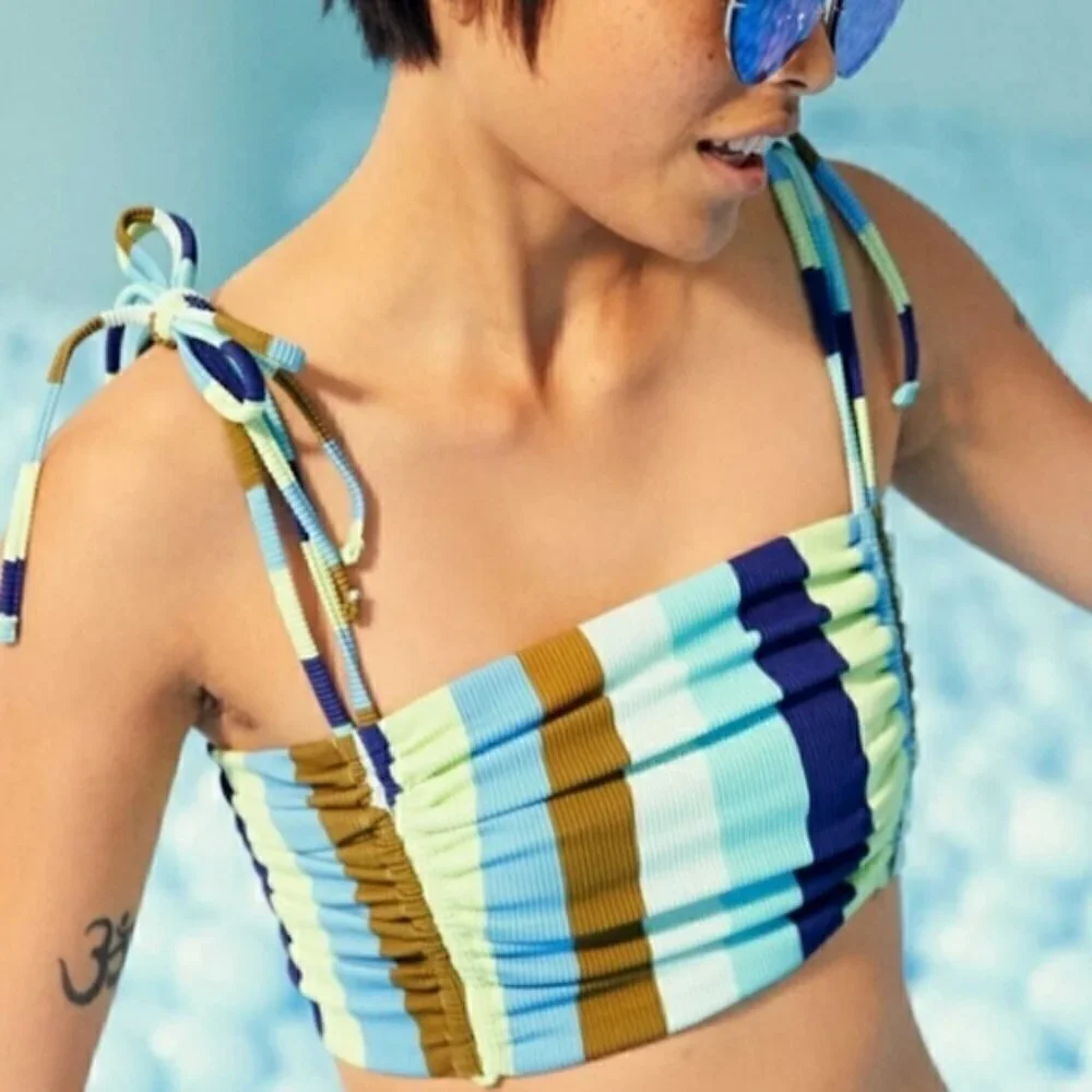 Aerie Ruched Ribbed Longline Bandeau Bikini Top Blue Size XS NWOT